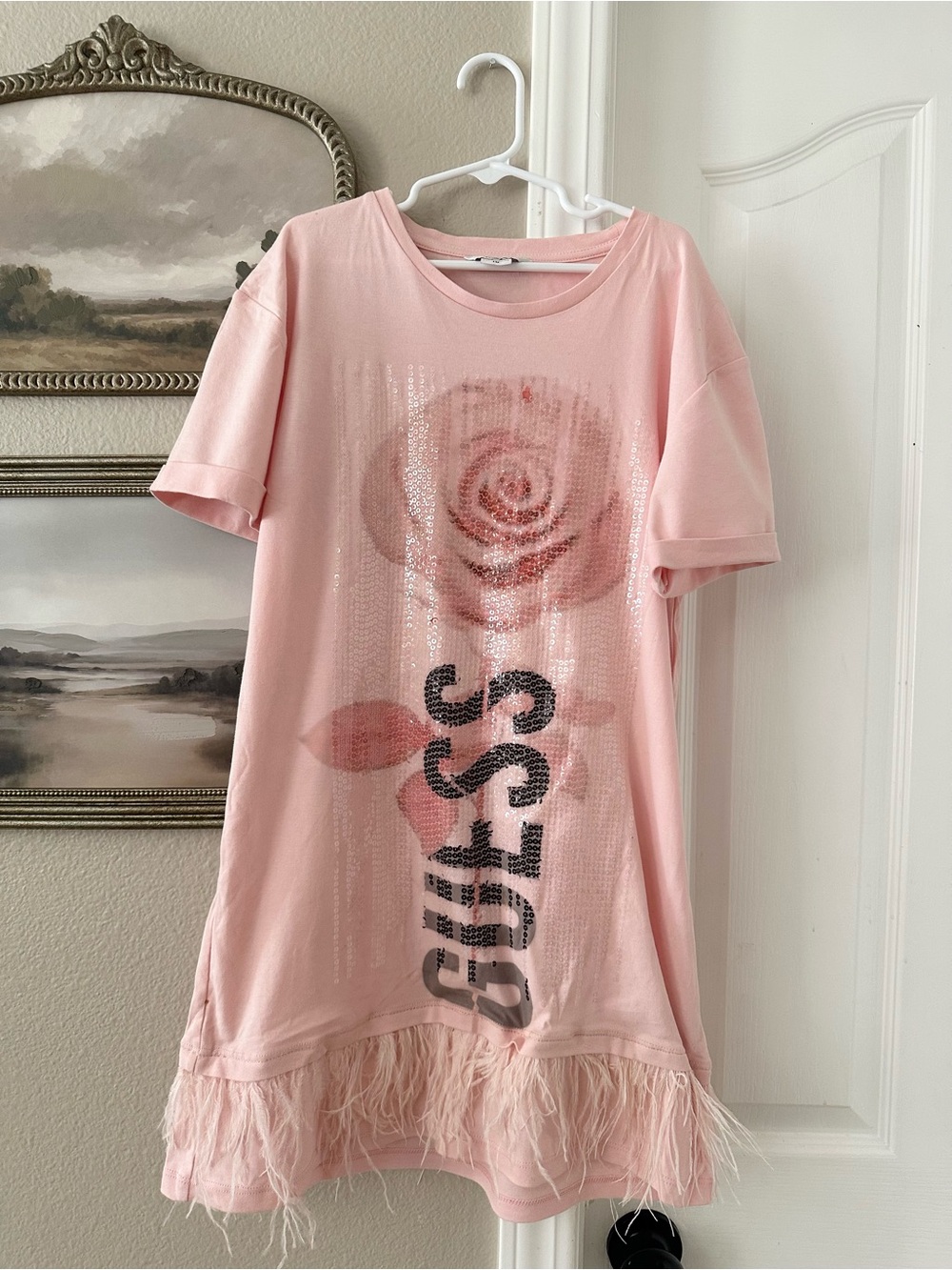 GUESS Pink Sequin Rose Tee Dress with Feather Hem